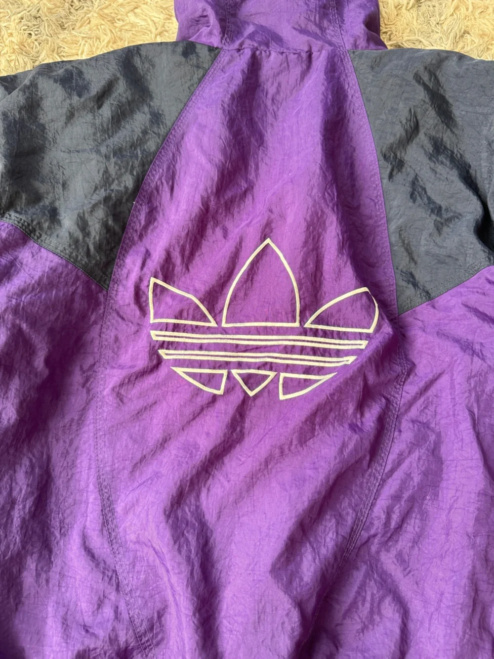 Vintage Adidas Trefoil Hooded Puffer Jacket Purple Black 90s Spellout Stripe L